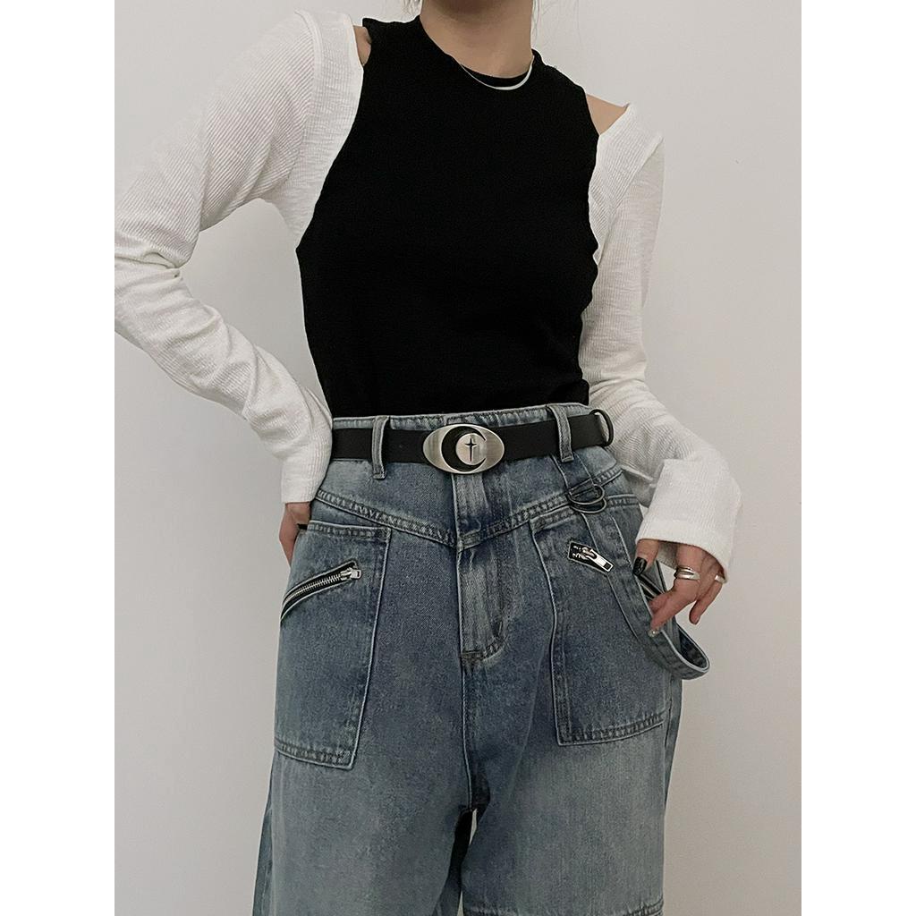 Thắt Lưng Màu Đen Đính Nút Chéo Phong Cách Vintage Hàn Quốc Thời Trang Cho Nam Nữ