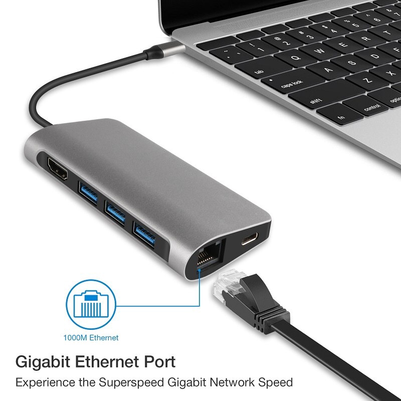 Adapter thẻ SD TF ethernet Gigabit USB3.1 Type-C - HDMI 4K 8 trong 1