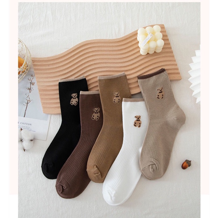 Tất cổ cao, vớ cổ cao nữ họa tiết hình gấu vải len tăm co giãn bảng màu vintage siêu xinh
