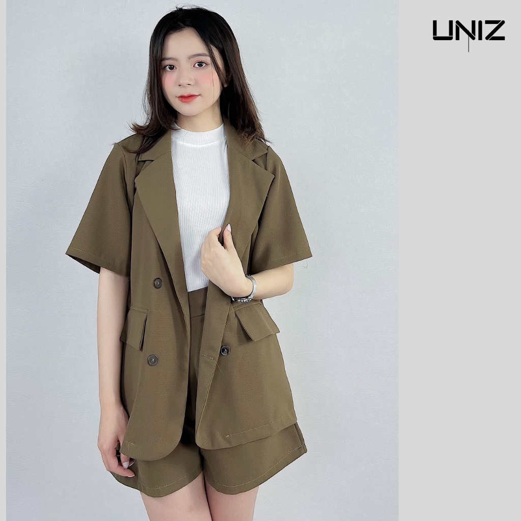 Set vest cộc tay UNIZ (màu nâu), áo blazer cộc tay, quần short cạp cao, form rộng, có cúc, chất trượt hàn 109