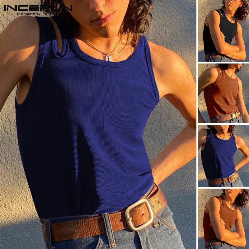 Áo tank top INCERUN không tay cổ tròn phối lỗ phong cách bất đối xứng thời trang dành cho nam