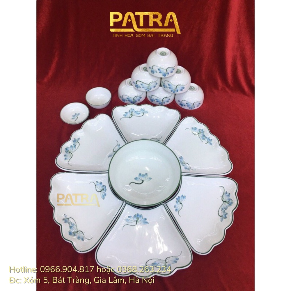 Bộ bát đĩa hoa mặt trời, bát đĩa sứ men kem Bát Tràng họa tiết sen xanh thờ cúng gia tiên