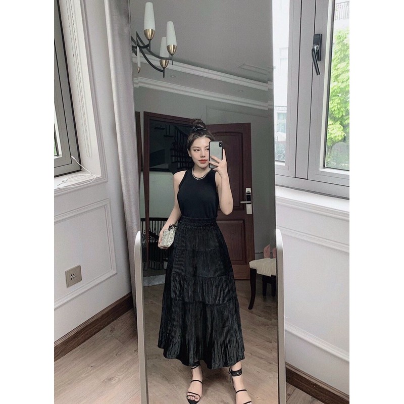 Chân váy nhung xoè dáng dài