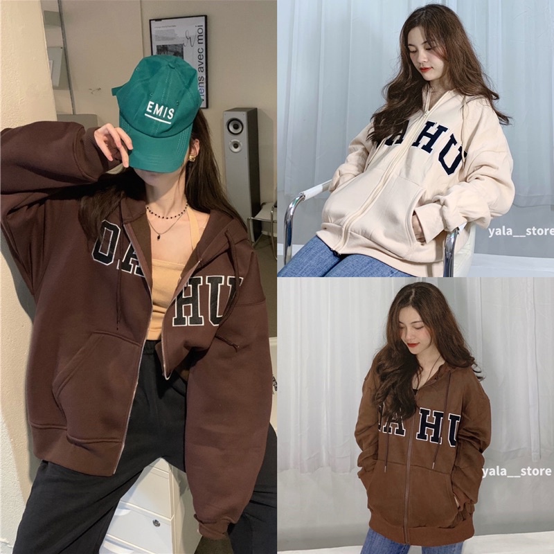 Áo khoác nỉ OAHU  unisex nam nữ form rộng  mũ 2 lớp nỉ cotton, Thubio