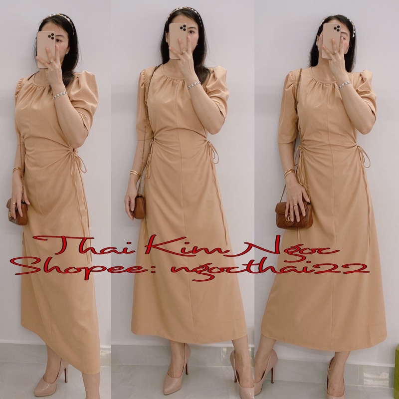 Đầm maxi tay phồng khoét eo