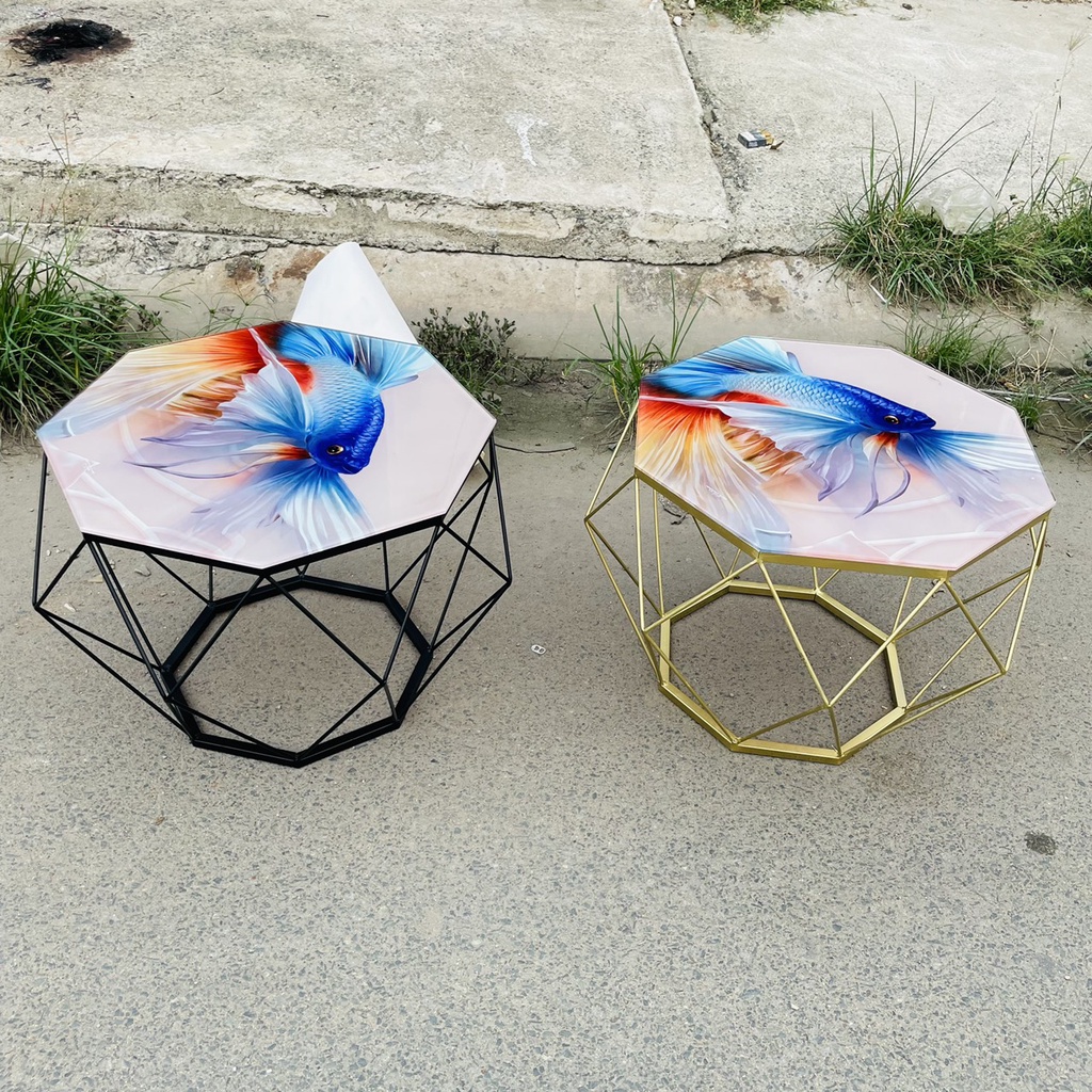 Bàn sofa, bàn trà kim cương , mặt kính cường lực, mẫu con cá vàng.
