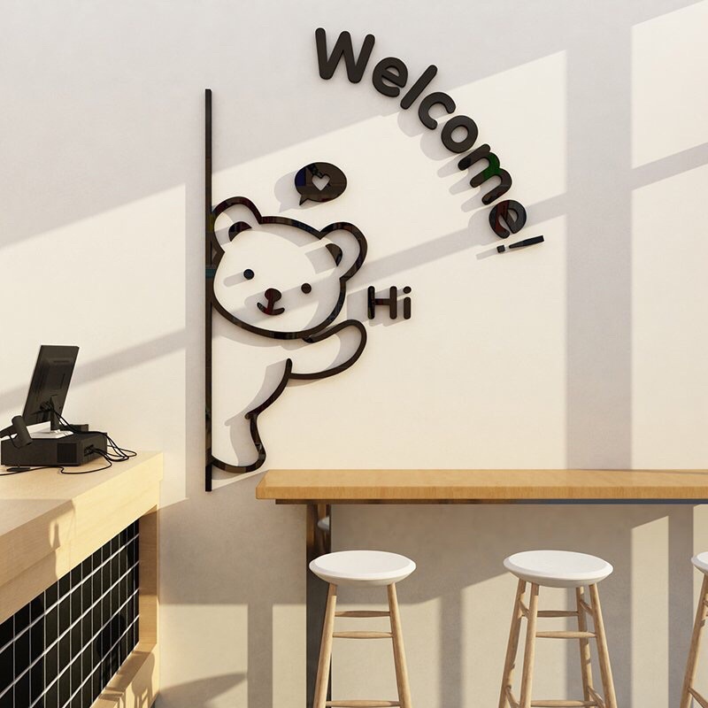 Tranh mica dán tường gấu welcome đen chất liệu mica dán nổi trang trí quán cafe, trà sữa