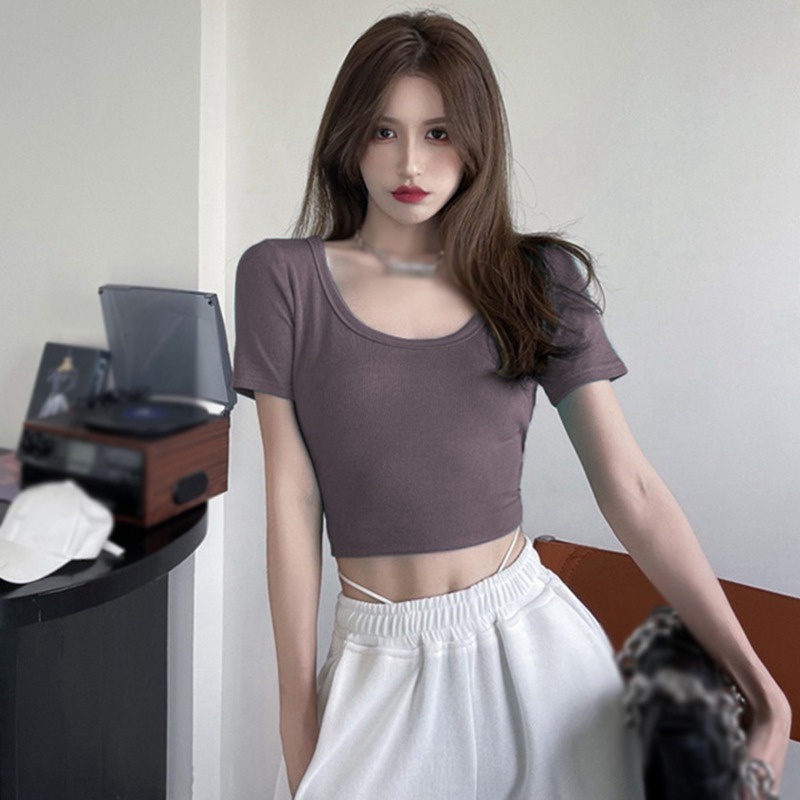 Áo Thun Croptop Tay Ngắn Cổ Vuông Màu Sắc Trơn Thời Trang Cho Nữ