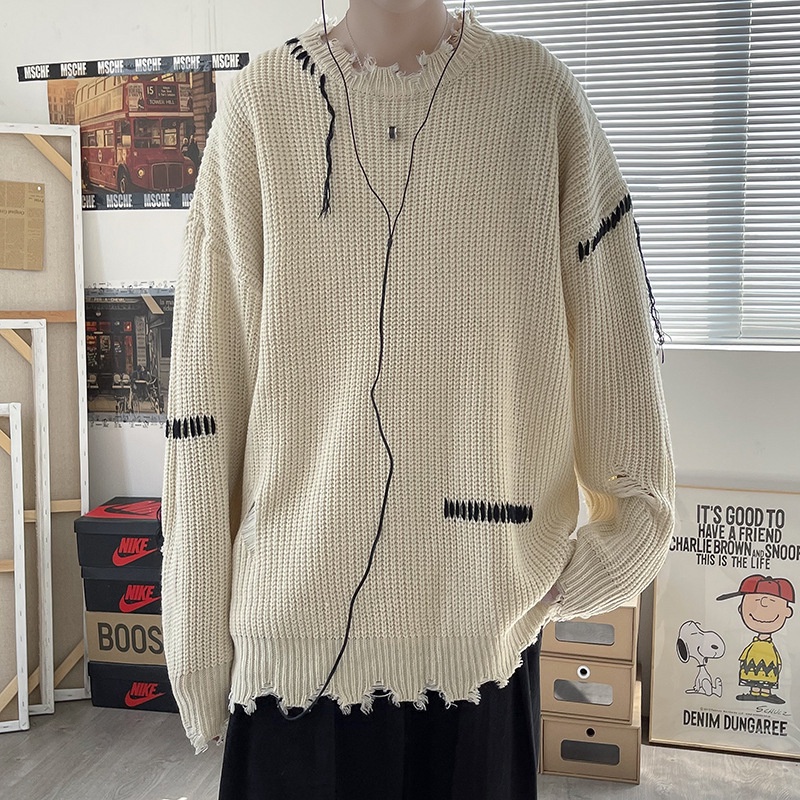 Áo sweater phối rách phong cách đường phố thời trang thu đông cho cặp đôi