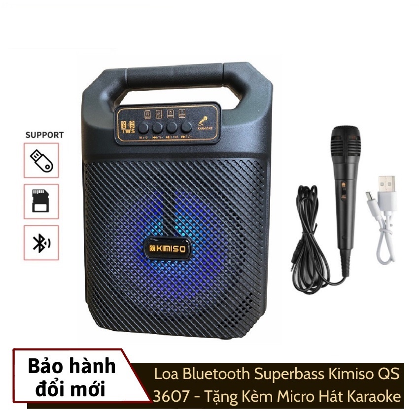 Loa Bluetooth Superbass Kimiso QS 3607 - Loa Kéo Mini - Loa Bluetooth Karaoke - Tặng Kèm Mic Hát- BH Lỗi 1 Đổi 1