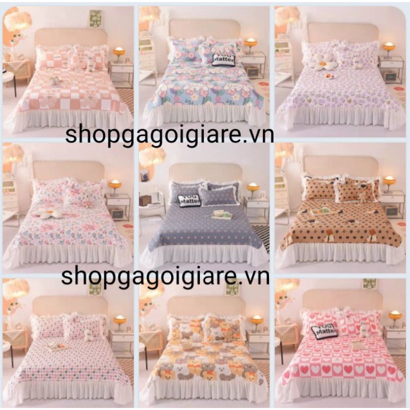 SÉT GA GỐI COTTON PHỦ BÈO HÀN QUỐC,GA TRẢI GIƯỜNG COTTON BÈO REN CÁCH ĐIỆU