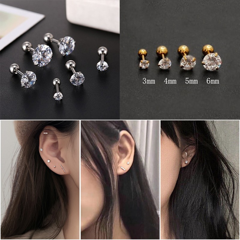 Khuyên Tai Thép Không Gỉ 3 Ngạnh Đính Đá Zircon Mini Đơn Giản Thời Trang