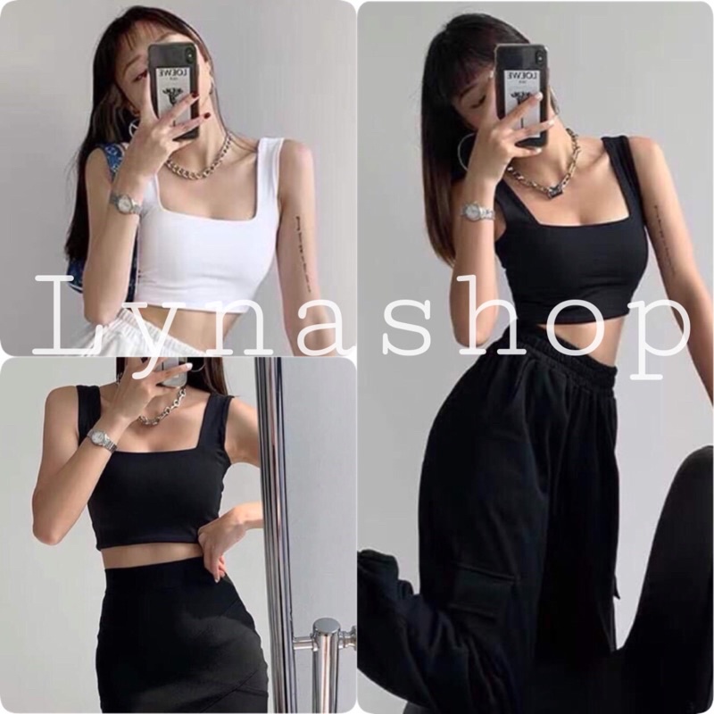 Áo Croptop Nữ 🍉áo croptop cổ vuông thiết kế ba lỗ sát nách, áo trơn 2 màu đen trắng basic mix váy, quần cạp cao nhà Lyna