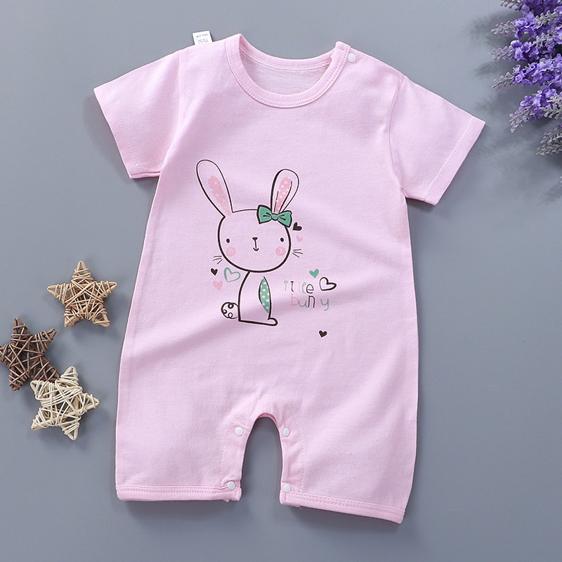 Bộ Áo Liền Quần Tay Ngắn Vải Cotton In Hoạt Hình Động Vật Dễ Thương Cho Bé Từ 0-24 Tháng Tuổi
