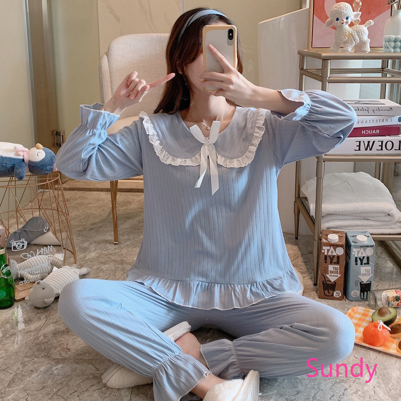 Set pyjama cotton màu trơn thu đông cho nữ