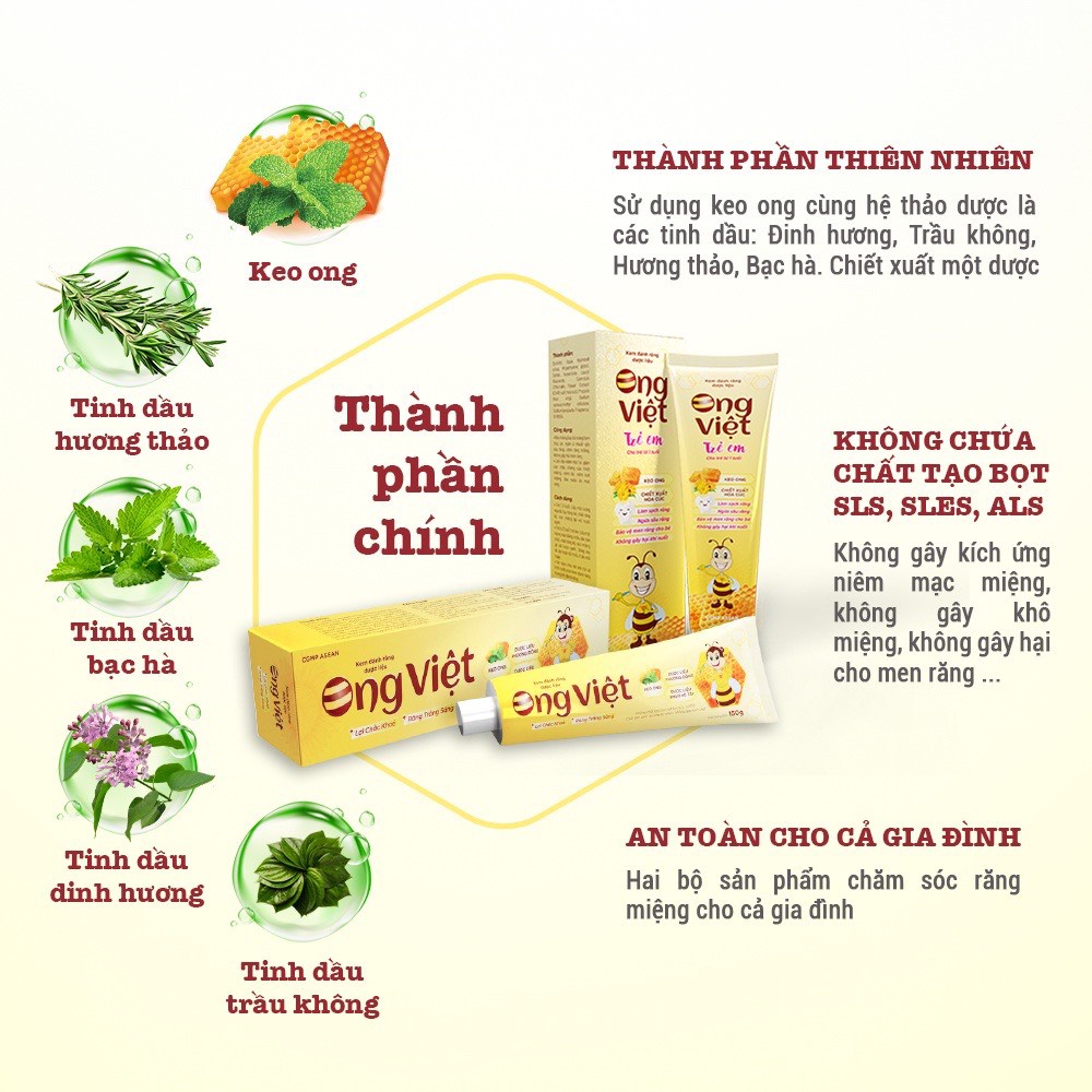 Kem Đánh Răng Dược Liệu Ong Việt Chăm Sóc Lợi Chắc Khỏe, Hạn Chế Mảng Bám, Giúp Răng Trắng Sáng Tuýp 80 - 150gr