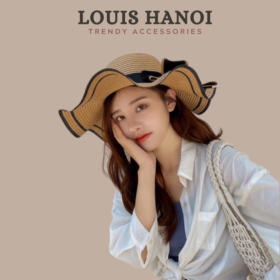 Mũ Cói Đi Biển Cho Nữ Louis Hanoi - Nón Cói Vành Rộng, Lượn Sóng, Nơ Kép Phong Cách Hàn Quốc