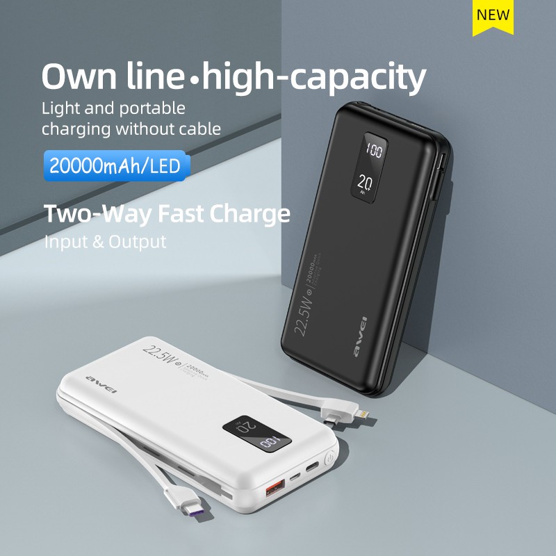 Sạc Dự Phòng Awei P38K 20000mAh 22.5W Hỗ Trợ Sạc Nhanh Cho Điện Thoại Kèm Cáp