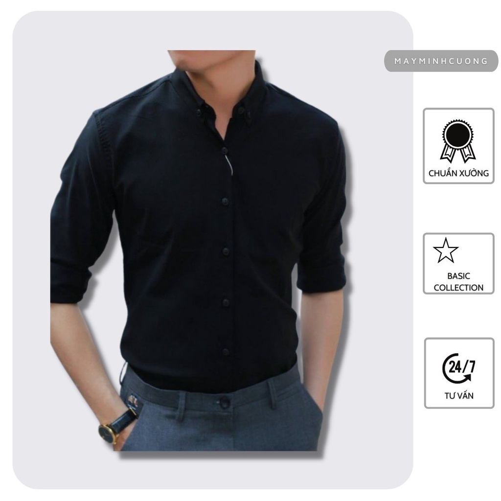 Áo sơ mi nam dài tay, kiểu áo cổ tàu (trắng, đen), dáng ôm vải lụa cotton co giãn nhẹ siêu mát - SMT