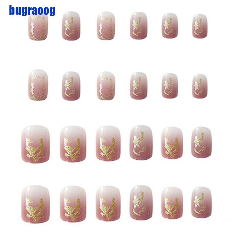 【bug】24 Pcs Gradient Gold Leaf False Fake Nail French Shiny Press On Manicure Tips