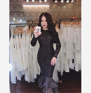 Đầm body lông công tay dài đuôi cá