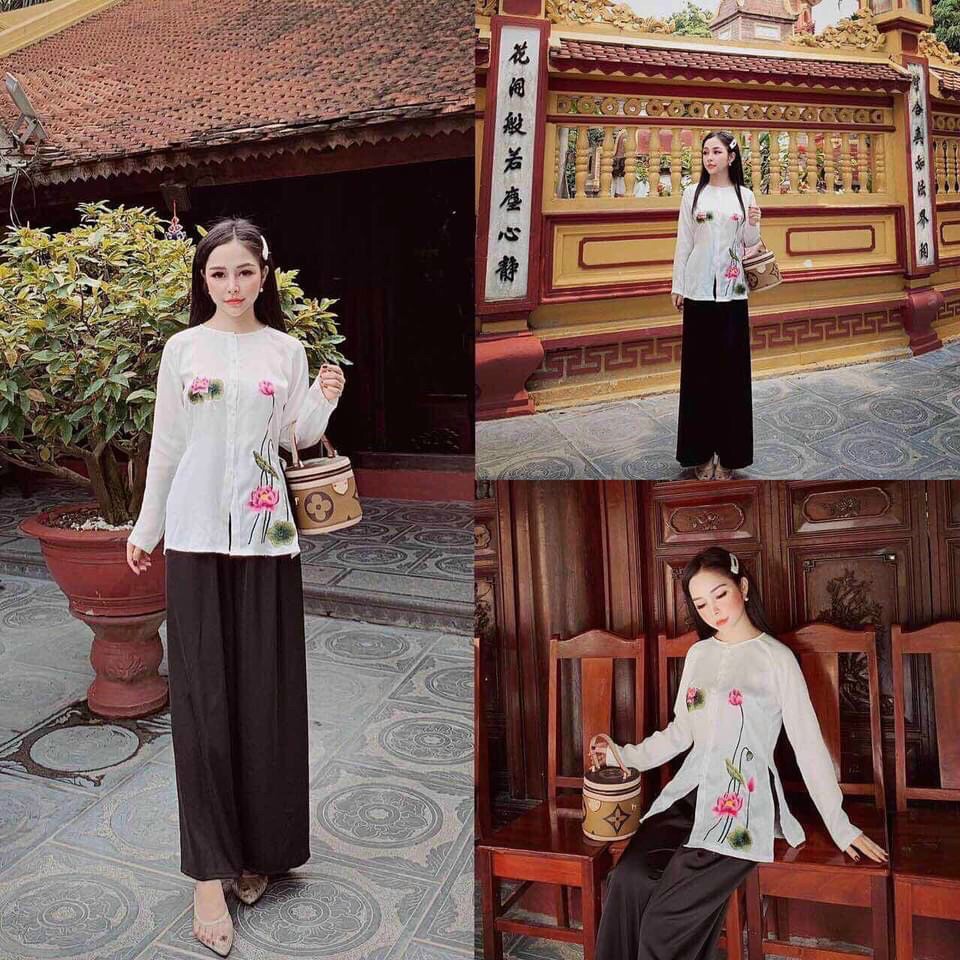Bộ Bà Ba Phối Nút Thêu Hoa Chất Đũi Đẹp Cao Cấp Trang Nhã