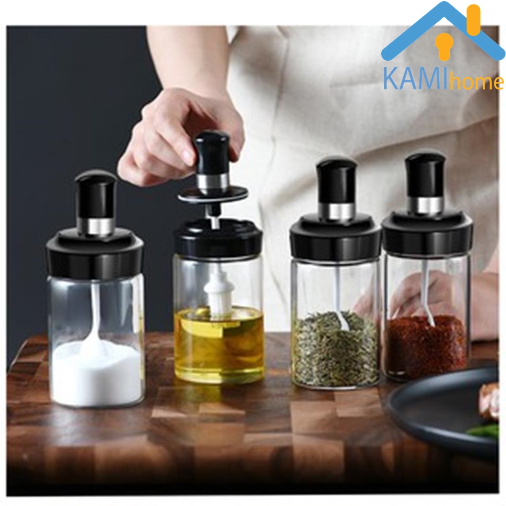 Lọ đựng gia vị hũ thủy tinh có thìa xúc tiện lợi nắp xoáy giăng chống tràn nước hình Tròn KM20082