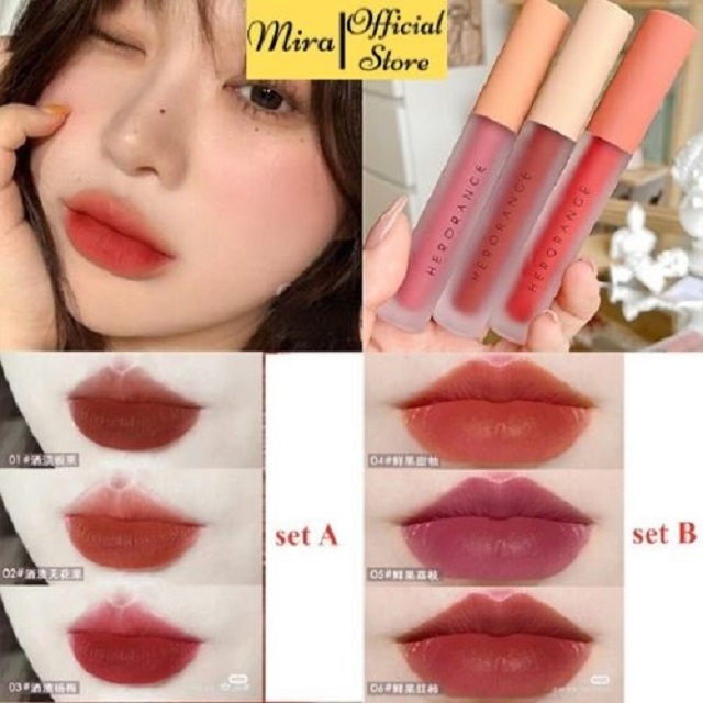 Set 3 Son kem lì herorange mềm mịn tự nhiên hiệu ứng chống thấm nước sáng bóng