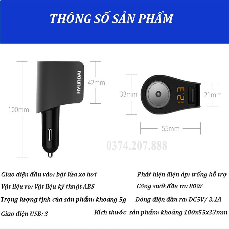 Tẩu Sạc Ô Tô, Tẩu Sạc Hyundai 1 Tẩu Tròn, 3 USB Nhỏ, Có Đèn Báo Điện Áp Ác Quy, Chăm Sóc Ô Tô COCA.T