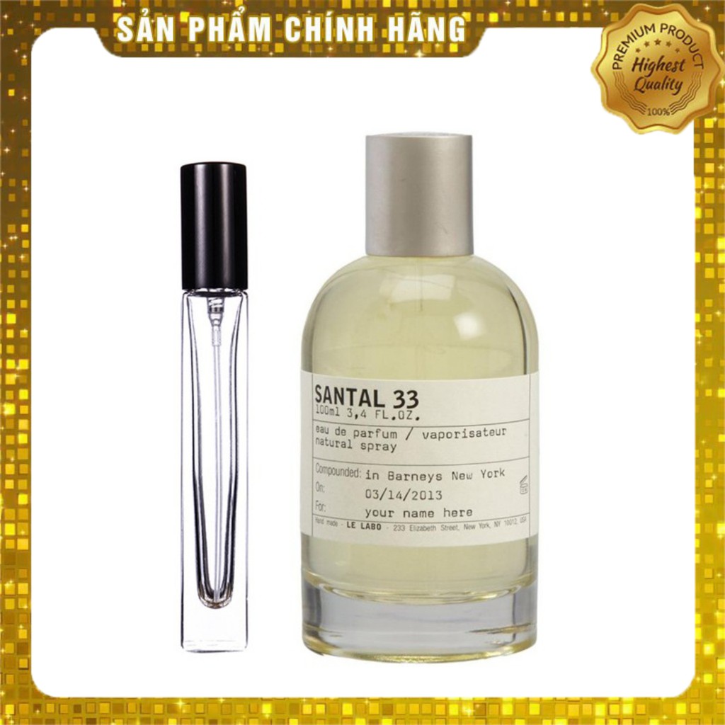 [Nước hoa Unisex 10ml] Le Labo Santal 33 EDP Mẫu thử 10ml (Gỗ đàn hương, tuyết tùng, bạch đậu khấu, hoa violet,...)