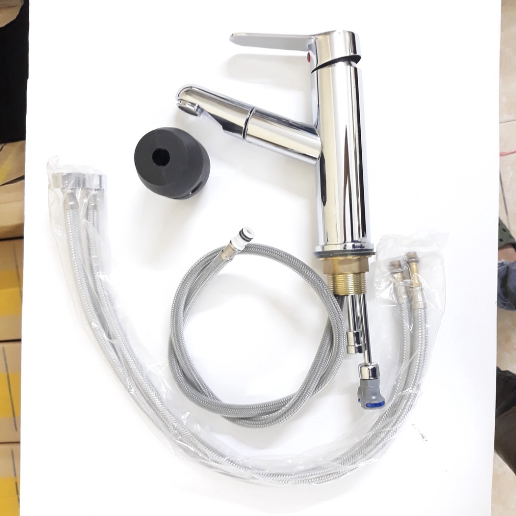 Vòi lavabo nóng lạnh dây kéo rút inox 304 cao cấp màu bạc sáng bóng tiện dụng, siêu bền - QM0046