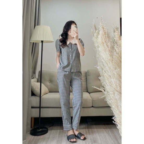Bộ Pijama Chất Đũi Kẻ Cổ Bèo Tiểu Thư Mặc Nhà Hàng Thiết Kế Cao Cấp