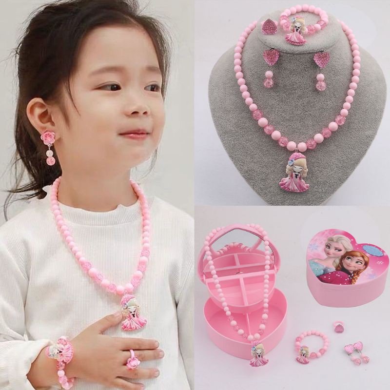 Set Vòng cổ/ Kẹp Tai/ Khuyên Tai Họa Tiết Hoạt Hình Công Chúa Elsa Thời Trang Cho Bé Gái