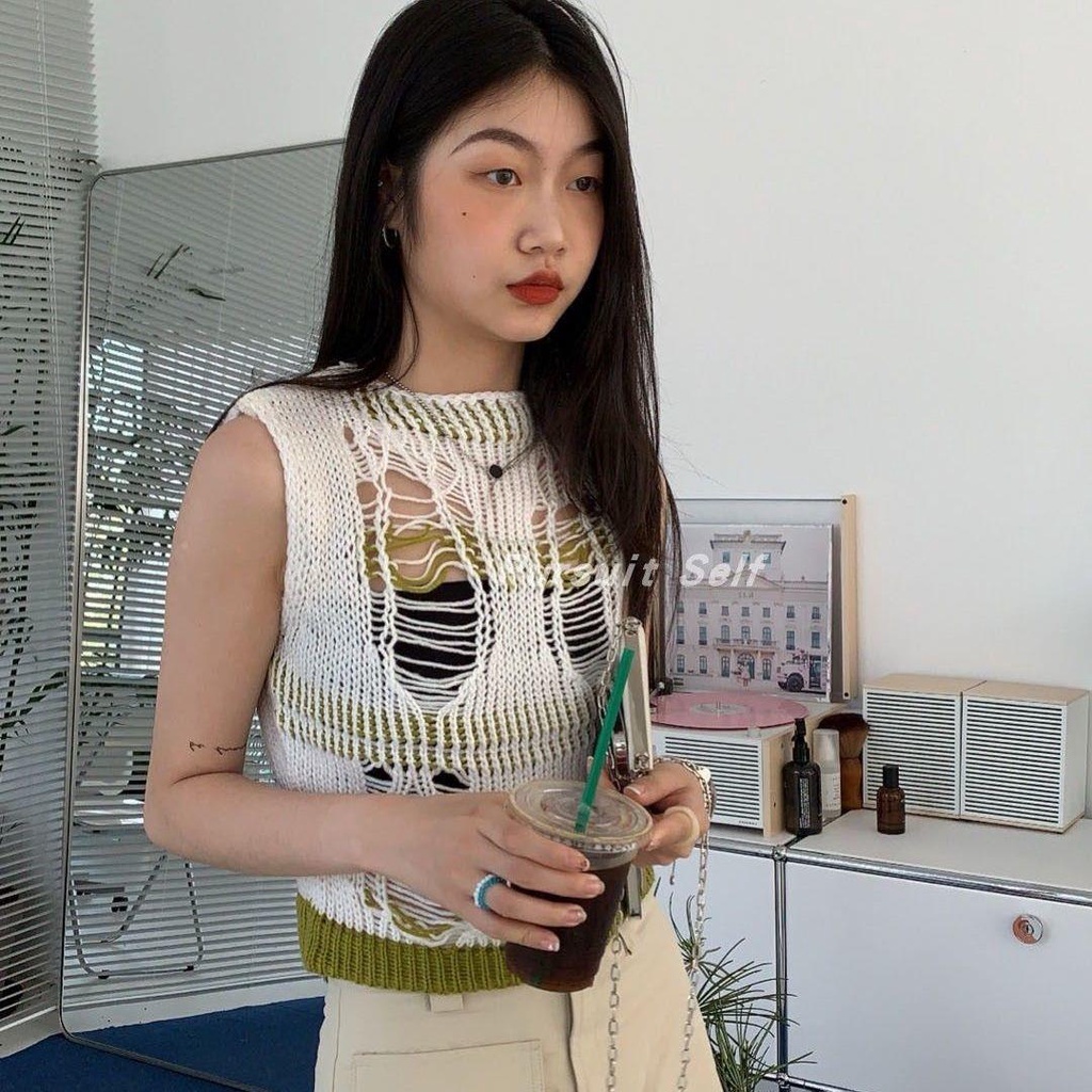 Áo Len Không Tay Thiết Kế Khoét Lỗ Phong Cách Mới Cho Nữ