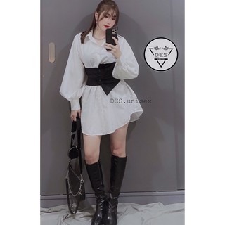 Set đầm sơmi phối đai eo 3 nút