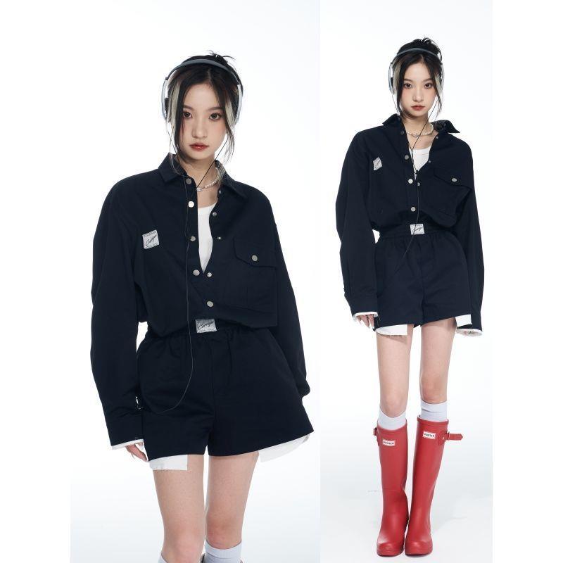 Áo Sơ Mi Tay Dài Dáng Ôm + Quần Short Lưng Cao Phong Cách Đường Phố Mỹ Thời Trang Mùa Thu Mới Dành Cho Bạn Nữ