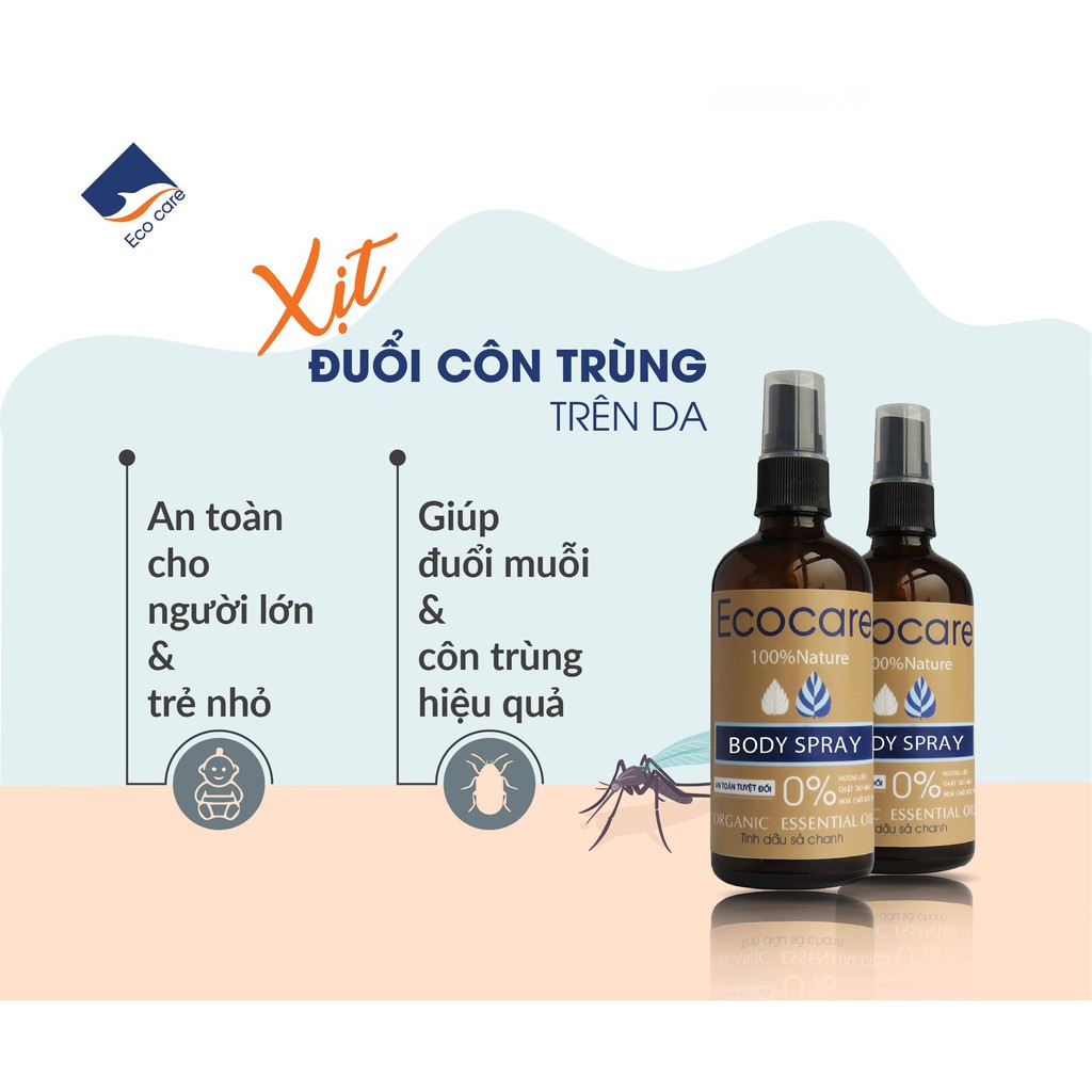 Tinh Dầu Xịt Cơ Thể Đuổi Muỗi, Côn Trùng ECOCARE 50ml - 100% tinh dầu thiên nhiên, an toàn trên da trẻ nhỏ.