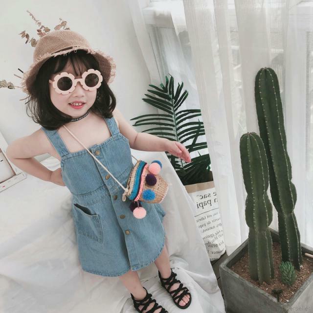 Đầm yếm denim màu trơn thời trang mùa hè cho bé gái