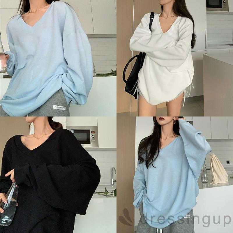 Áo Thun Tay Dài Cổ Tròn Màu Sắc Đơn Giản Cho Nữ