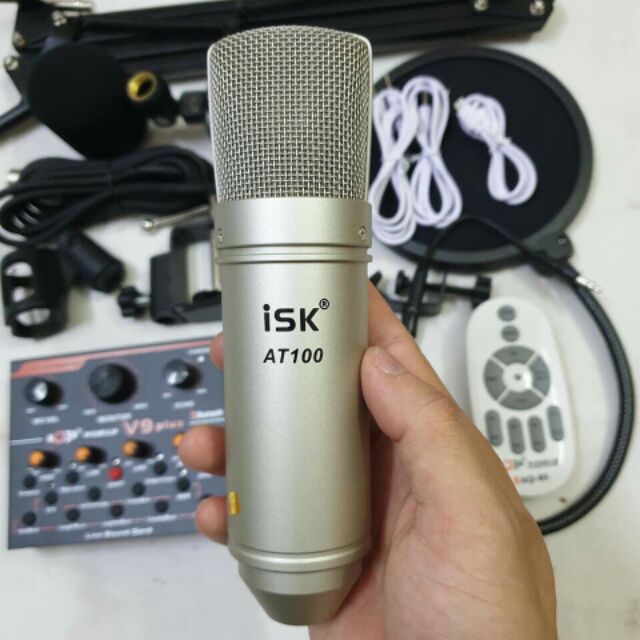 combo bộ mic thu âm hát livestream karaoke micro ISK AT100 card V9plus chân kẹp màng lọc tặng tai nghe BH 6 tháng