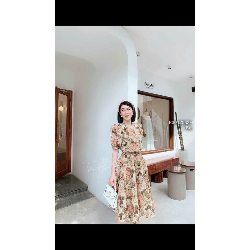 set váy gấm hoa xốp croptop kèm cv xòe tay lỡ