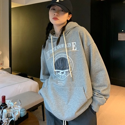 Áo Hoodie Tay Dài Form Rộng Họa Tiết In Theo Phong Cách Preppy Dễ Phối Đồ