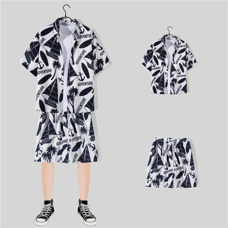 Bộ áo sơ mi ngắn tay in hoa + quần short đi biển thời trang thích hợp cho các cặp đôi