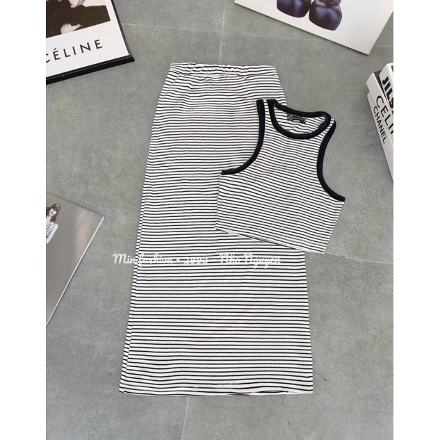 Sét váy maxi &amp; áo 3 lỗ sọc  siêu hot siêu sang(B.C)