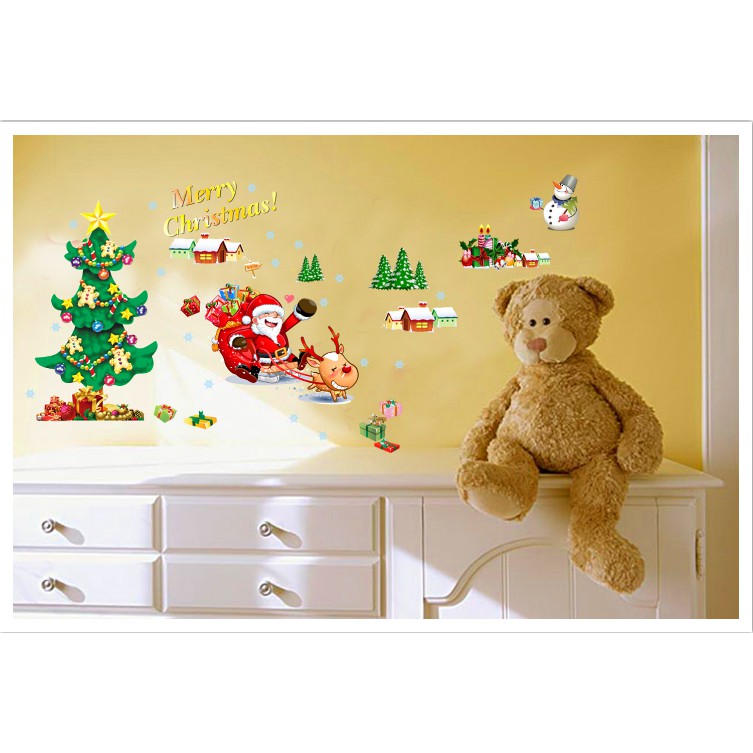 Decal trang trí Noel - Ông già Noel ngồi xe Tuần lộc phát quà