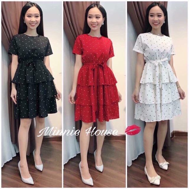 Đầm 3 tầng nơ eo chấm bi nhỏ