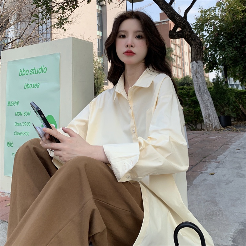 Áo Sơ Mi Tay Dài Dáng Rộng Phối Túi Thiết Kế Oversized Cho Phái Nữ