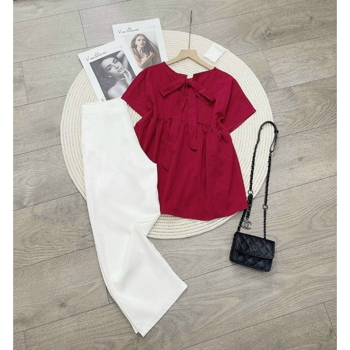 Set Áo Form Xòe Nơ Cổ Và Quần Lửng Rose Fashion