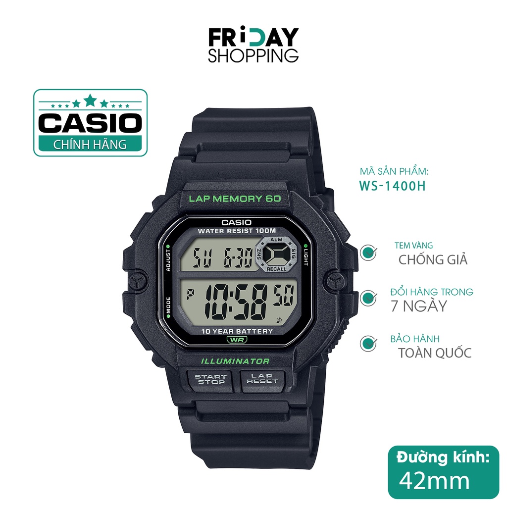 Đồng hồ Casio điện tử nam WS-1400H-1AVDF dây cao su chính hãng