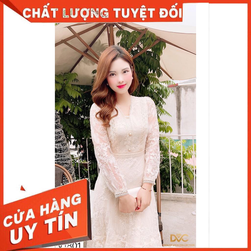 Váy ren kem thiết kế V1801 -Chuẩn Đẹp Shop DVC (Kèm ảnh thật trải sàn do shop tự chụp)